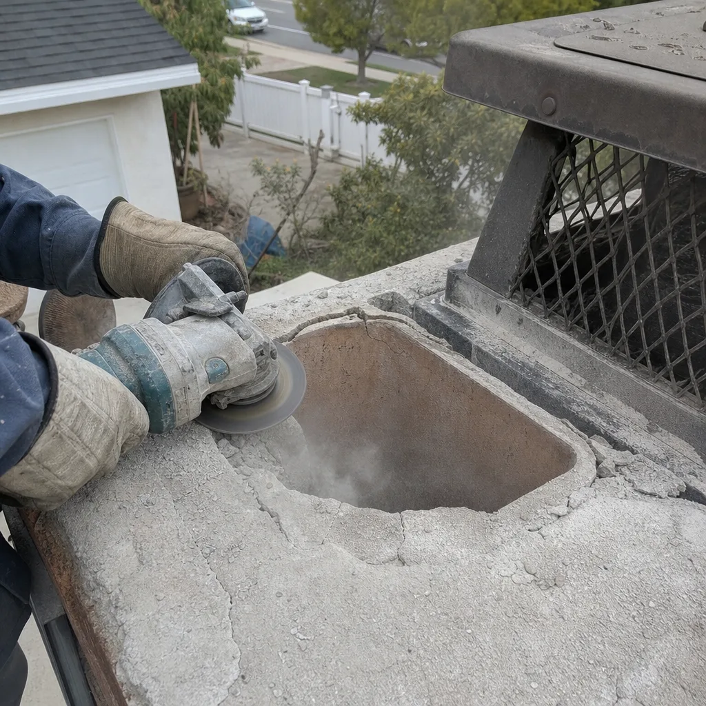 Professional technician performing concrete chimney crown repair with an angle grinder