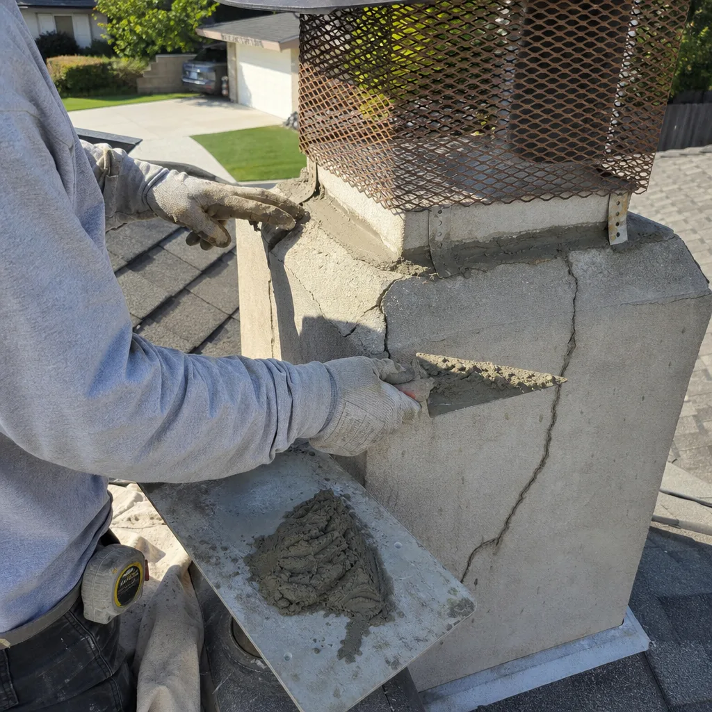 Professional technician repairing cracks in a residential chimney structure