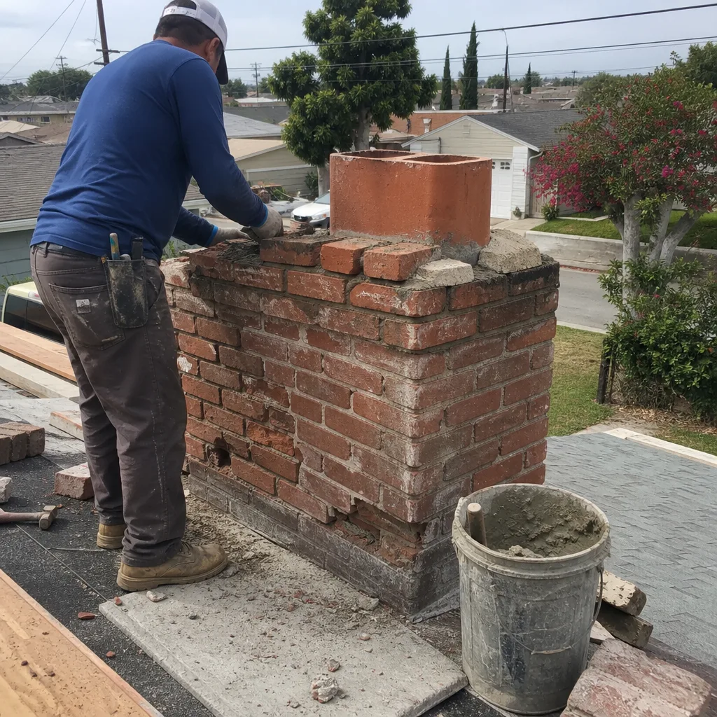 Professional construction worker repairing a damaged brick chimney on a roof