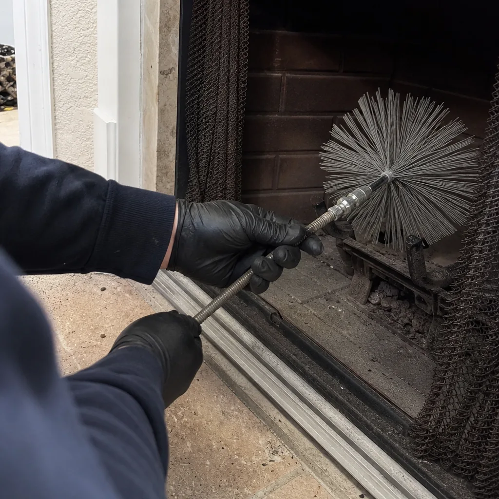 Professional technician cleaning gas fireplace chimney with specialized brush