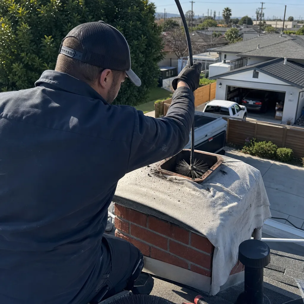 Technician performing professional chimney cleaning and gas fireplace maintenance on roof